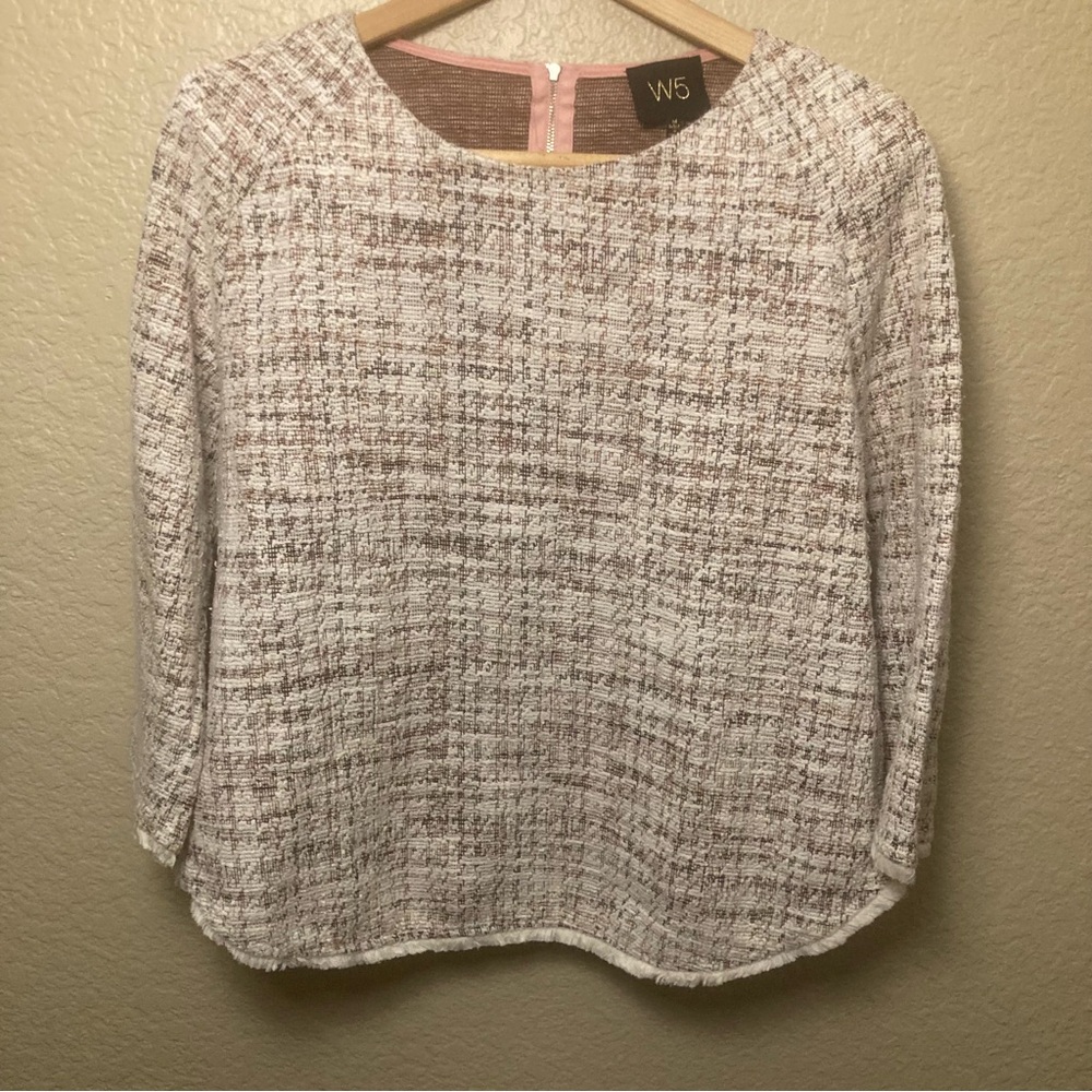 W5 Elegant Tweed Boucle Fabric long sleeve Blouse With Back Zip Up Design